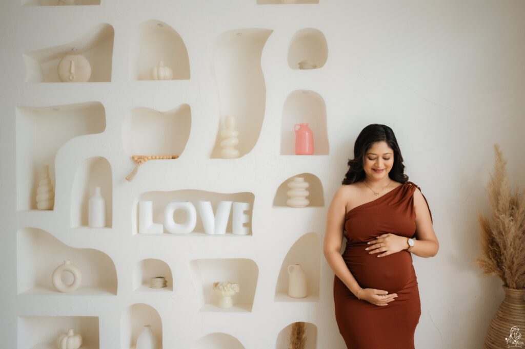 Luxury indoor maternity photography session at Me & Mom studio in Pune